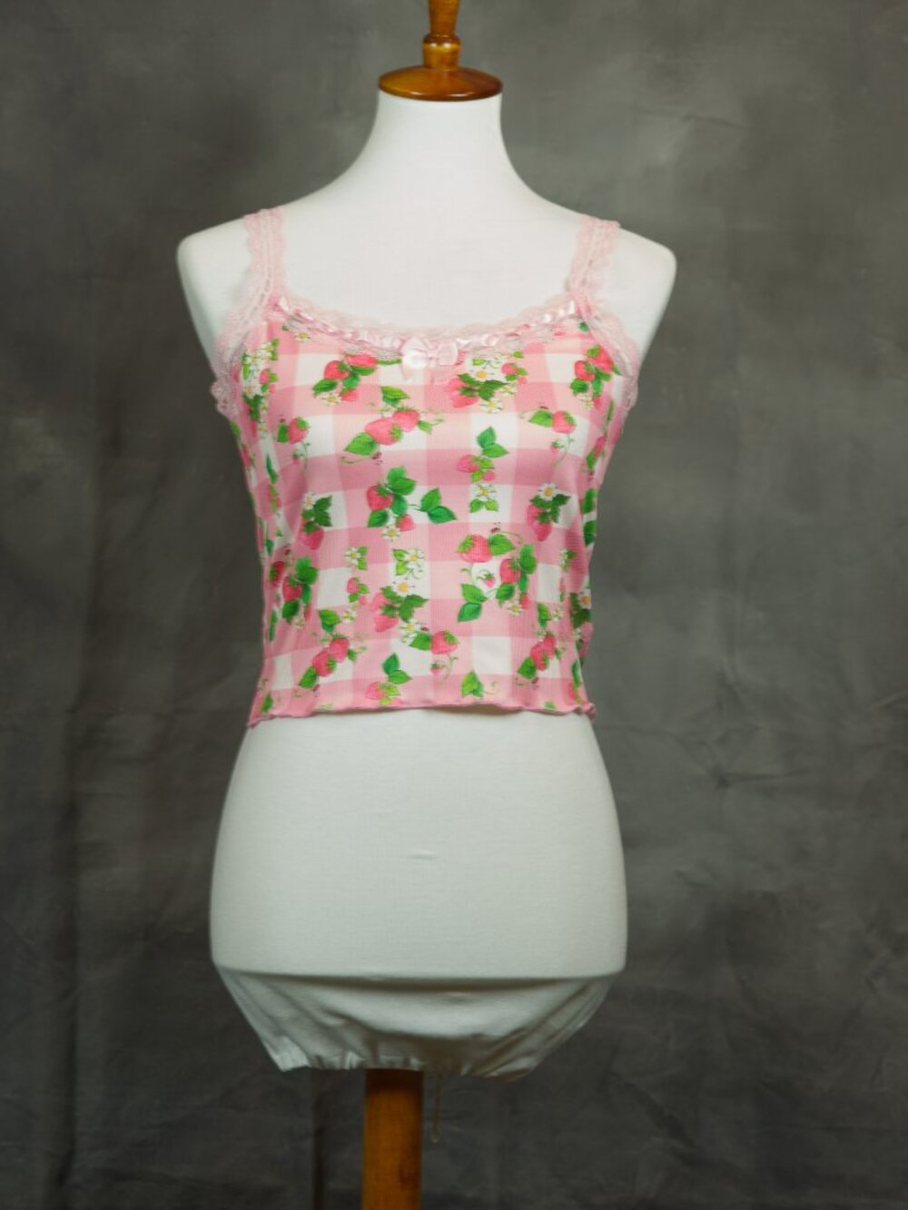 Dolls Kill Pink Strawberry Gingham Lace Crop Top Cami - L